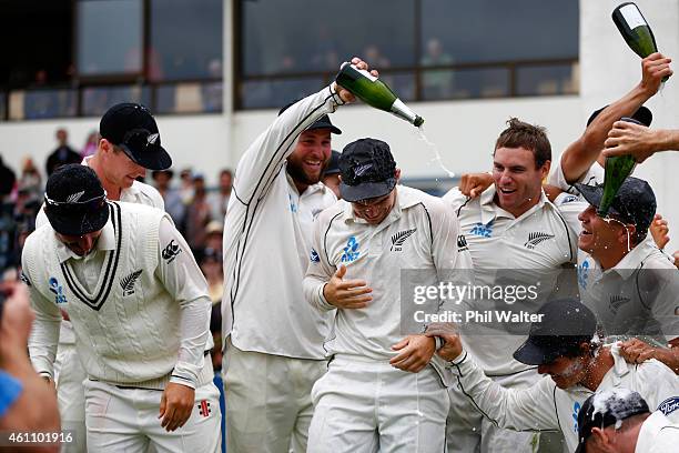 New Zealand celebrate the series win following day five of the Second Test match between New Zealand and Sri Lanka at Basin Reserve on January 7,...