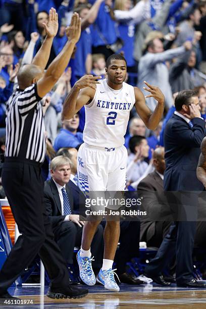 Aaron Harrison of the Kentucky Wildcats reacts after making a three-pointer in the second half of the game against the Mississippi Rebels at Rupp...