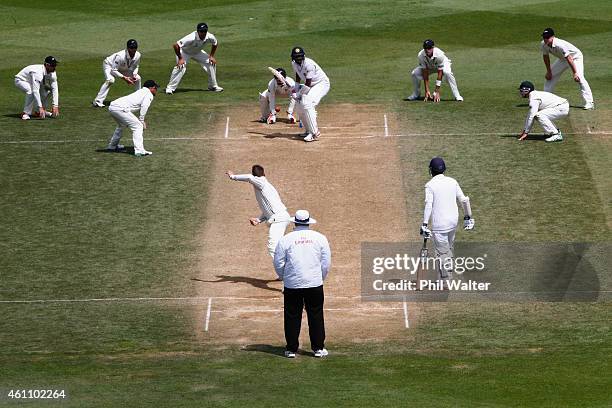 Mark Craig of New Zealand bowls during day five of the Second Test match between New Zealand and Sri Lanka at Basin Reserve on January 7, 2015 in...