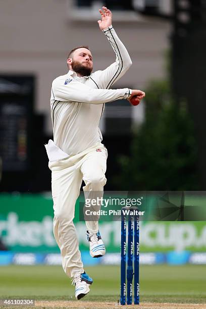 Mark Craig of New Zealand bowls during day five of the Second Test match between New Zealand and Sri Lanka at Basin Reserve on January 7, 2015 in...