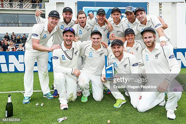 New Zealand celebrate their ANZ Test Series win during day five of the Second Test match between New Zealand and Sri Lanka at Basin Reserve on...