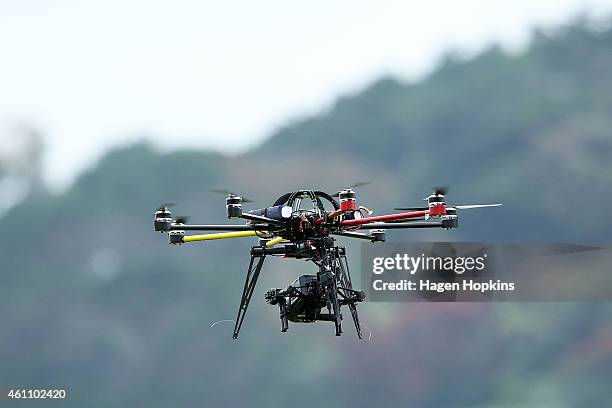 Drone films aerial coverage of the ground during day four of the Second Test match between New Zealand and Sri Lanka at Basin Reserve on January 6,...