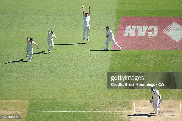 Australian slips celebrate taking the wicket of Murali Vijay of India during day two of the Fourth Test match between Australia and India at Sydney...