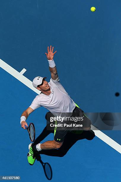 Andy Murray of Great Britain serves in his match against Jerzy Janowicz of Poland during day four of the 2015 Hopman Cup at Perth Arena on January 7,...