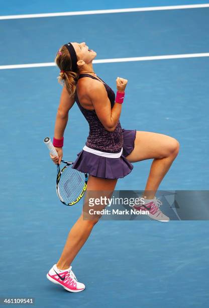 Lucie Safarova of the Czech Republic celebrates winning her match against Caroline Wozniacki of Denmark during day three of the 2014 Sydney...