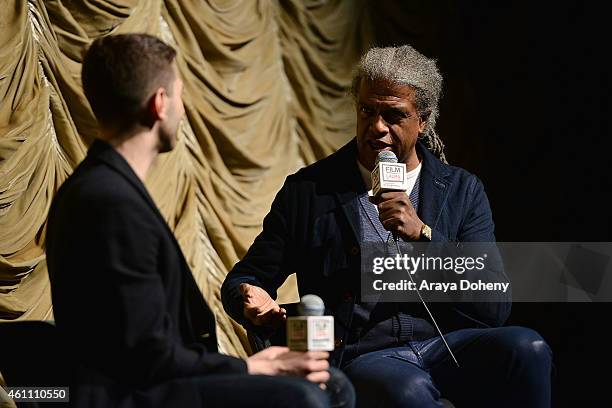 Xavier Dolan and Elvis Mitchell attend the Film Independent at LACMA screening and Q&A of "Mommy" at Bing Theatre At LACMA on January 6, 2015 in Los...