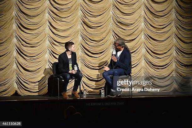 Xavier Dolan and Elvis Mitchell attend the Film Independent at LACMA screening and Q&A of "Mommy" at Bing Theatre At LACMA on January 6, 2015 in Los...