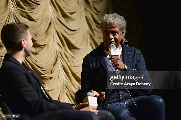 Xavier Dolan and Elvis Mitchell attend the Film Independent at LACMA screening and Q&A of "Mommy" at Bing Theatre At LACMA on January 6, 2015 in Los...
