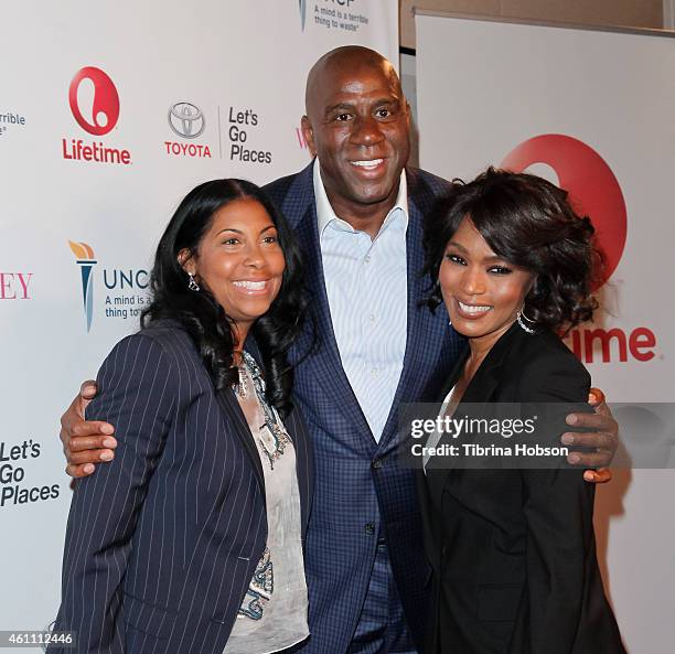 Earlitha Kelly, Magic Johnson and Angela Bassett attend the world premiere of Lifetime's 'Whitney' at The Paley Center for Media on January 6, 2015...