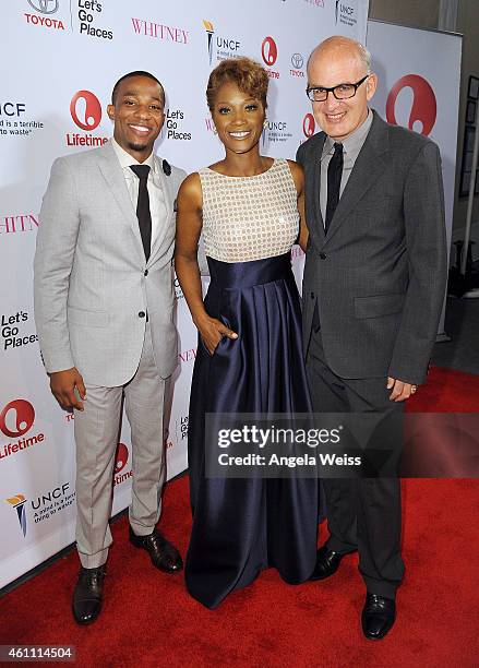 Actors Arlen Escarpeta, Yolanda Ross and writer Shem Bitterman arrive at the premiere of Lifetime's "Whitney" at The Paley Center for Media on...