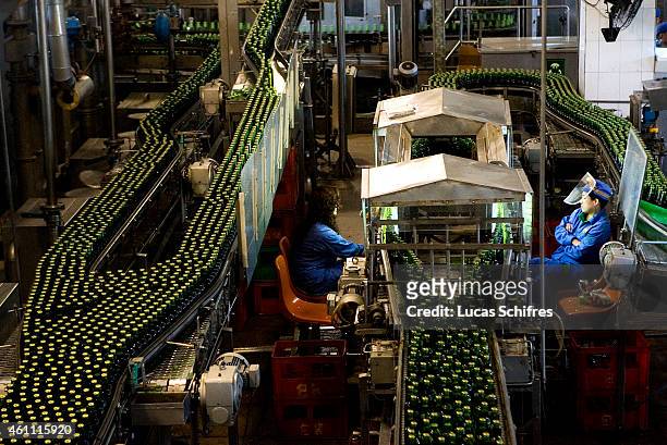 May 17: Workers check beer bottles' quality on the Tsingtao beer production line in Tsingtao brewery on May 17, 2009 in the town of Qingdao, Shandong...