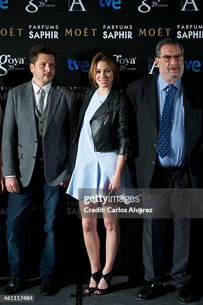 Director Kike Maillo, actress Blanca Suarez and President of Spanish Cinema Academy Enrique Gonzalez Macho attend the Goya Film Awards 2015...