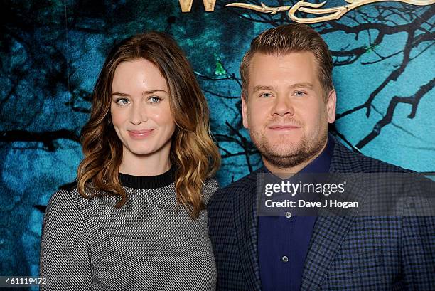 Emily Blunt and James Corden attend a photocall for "Into The Woods" at Corinthia Hotel London on January 7, 2015 in London, England.