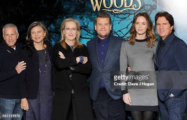 Marc Platt, Tracey Ullman, Meryl Streep, James Corden, Emily Blunt and Rob Marshall attend a photocall for "Into The Woods" at Corinthia Hotel London...