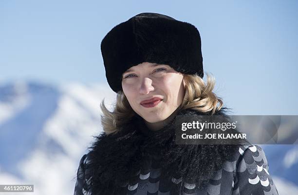 French actress Lea Seydoux poses with Tyrolean Alps in the background during a photo call of the new James Bond film 'SPECTRE' in Austrian ski resort...