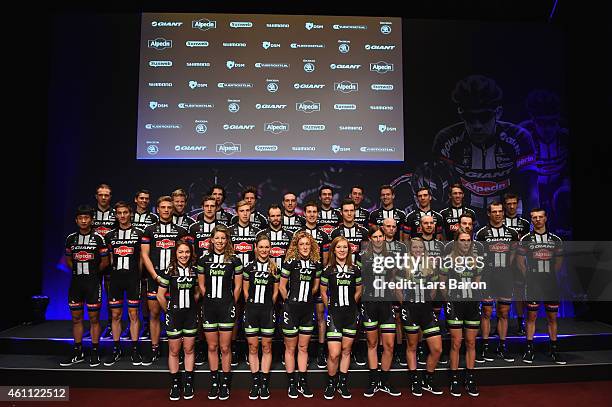 Memebers of the Team Giant-Alpecina and Team Liv Plantur pose for a picture during the teamlaunch of Team GIANT-Alpecin at the Fench Embassy on...