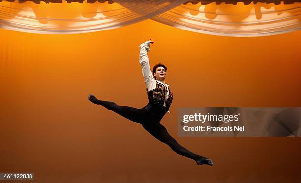 Dancers perform on stage during a dress rehearsal for The Ballet Gala with stars from Paris Opera at Madinat Jumeirah on January 7, 2015 in Dubai,...