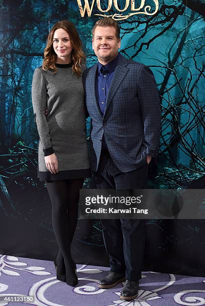 Emily Blunt and James Corden attend a photocall for "Into The Woods" at Corinthia Hotel London on January 7, 2015 in London, England.