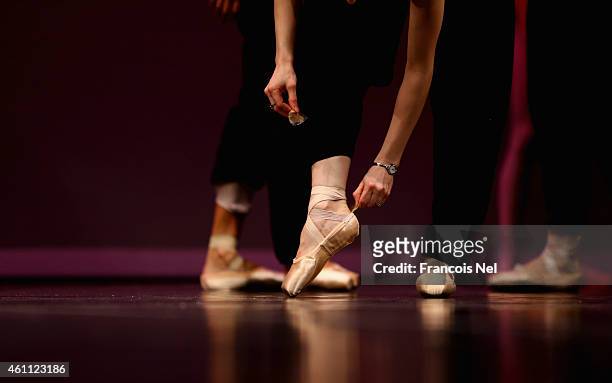 Dancers perform on stage during a dress rehearsal for The Ballet Gala with stars from Paris Opera at Madinat Jumeirah on January 7, 2015 in Dubai,...