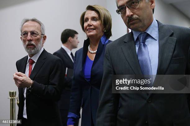 House Minority Leader Nancy Pelosi arrives for the first House Democratic caucus meeting of the 114th Congress in the U.S. Capitol Visitors Center...
