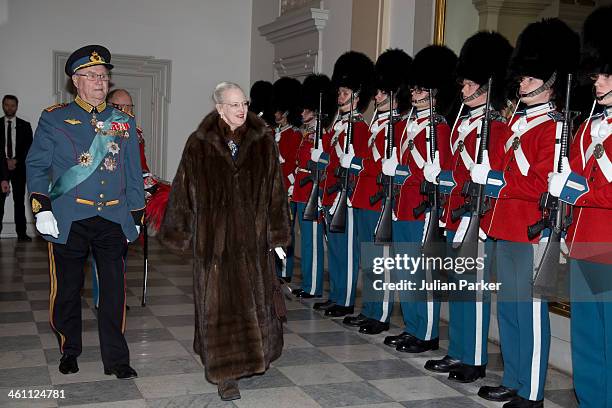 Queen Margrethe of Denmark and Prince Henrik of Denmark attend a New Year's Levee held by Queen Margrethe of Denmark for officers from the Defence...