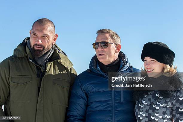 Dave Bautista, Daniel Craig and Lea Seydoux pose at the photo call for the 24th Bond film 'Spectre' at ski resort on January 7, 2015 in Soelden,...