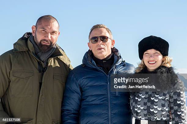 Dave Bautista, Daniel Craig and Lea Seydoux pose at the photo call for the 24th Bond film 'Spectre' at ski resort on January 7, 2015 in Soelden,...