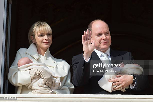 Prince Albert II of Monaco and Princess Charlene of Monaco present twins Princess Gabriella of Monaco and Prince Jacques of Monaco at the Palace...