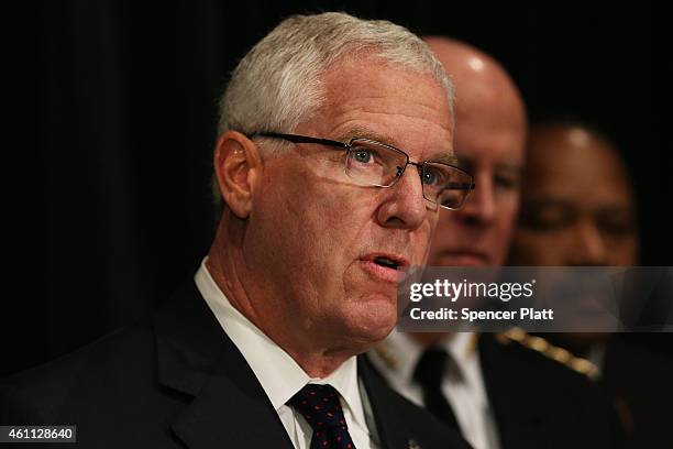 John Miller, the Deputy Commissioner of Intelligence & Counter-terrorism of the NYPD, speaks to reporters at a news conference with Police...