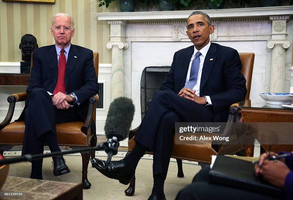 Obama Meets With Secretary Of State Kerry And VP Biden In The Oval Office Of White House