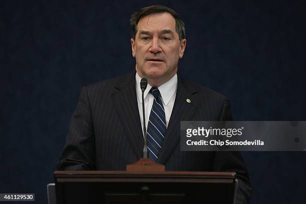 Sen. Joe Donnelly speaks during a news conference to announce his reintroduction of the "The Forty Hours is Full Time Act," in the U.S. Capitol...
