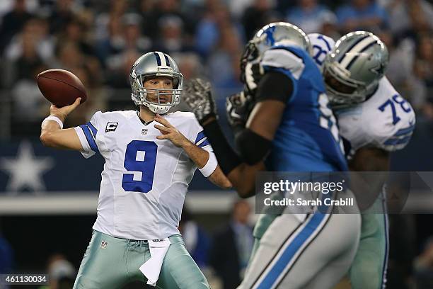 Tony Romo of the Dallas Cowboys looks to pass during a NFC Wild Card Playoff game against the Detroit Lions at AT&T Stadium on January 4, 2015 in...