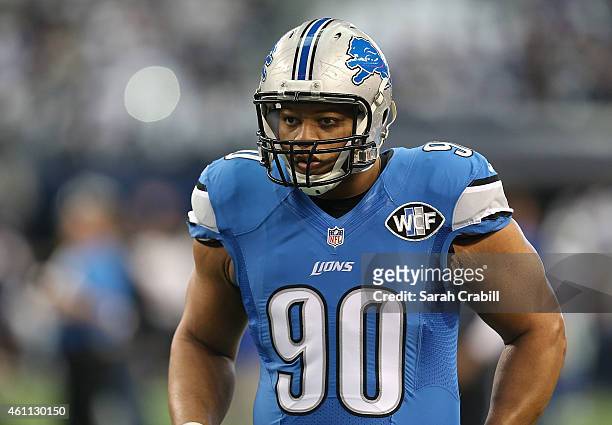 Ndamukong Suh of the Detroit Lions looks on before a NFC Wild Card Playoff game against the Dallas Cowboys at AT&T Stadium on January 4, 2015 in...