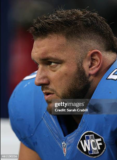 Dominic Raiola of the Detroit Lions looks on before a NFC Wild Card Playoff game against the Dallas Cowboys at AT&T Stadium on January 4, 2015 in...