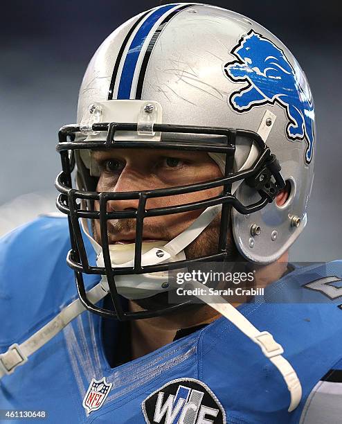 Dominic Raiola of the Detroit Lions looks on before a NFC Wild Card Playoff game against the Dallas Cowboys at AT&T Stadium on January 4, 2015 in...