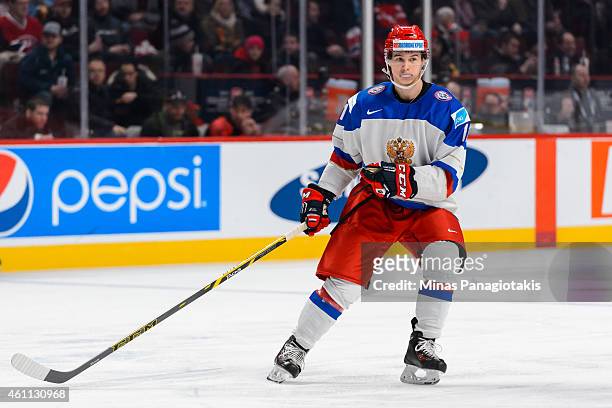 Nikolai Goldobin of Team Russia skates in a quarterfinal round during the 2015 IIHF World Junior Hockey Championships against Team United States at...