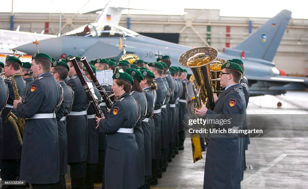 Music Corps Of The Bundeswehr In Front Of A Euro Fighter.