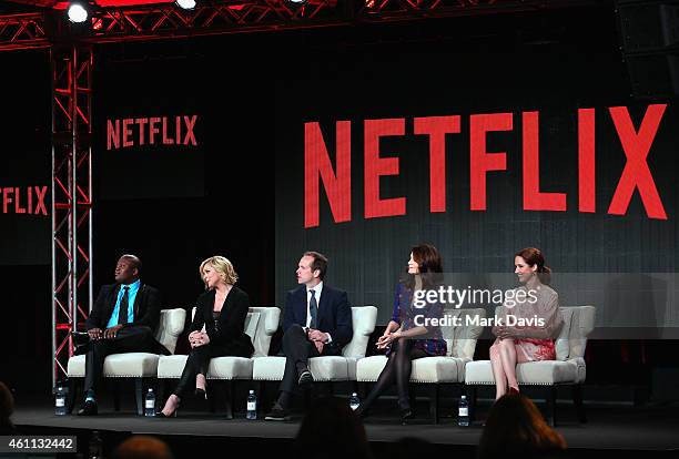 Titus Burgess, Jane Krakowski, Robert Carlock, Tina Fey and Ellie Kemper speak about the "The Unbreakable Kimmy Schmidt" during the Netflix TCA Press...