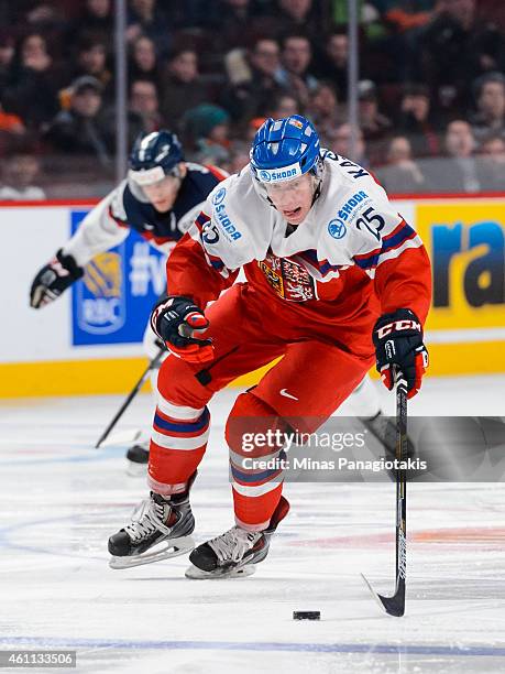Ondrej Kase of Team Czech Republic skates with the puck in a quarterfinal round during the 2015 IIHF World Junior Hockey Championships against Team...