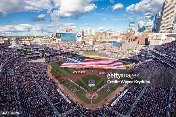 An inside view of Target Field as the Air Force Thunderbirds perform a flyover during the national anthem prior to the 85th MLB All-Star Game at...