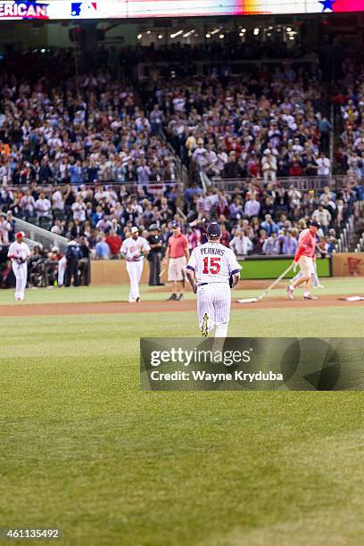 American League All-Star Glen Perkins of the Minnesota Twins jogs to the mound in the 9th inning to pitch against the National League All-Stars...