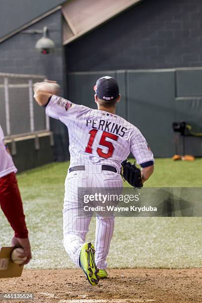 American League All-Star Glen Perkins of the Minnesota Twins warms up in the bullpen during the 85th MLB All-Star Game at Target Field on July 15,...