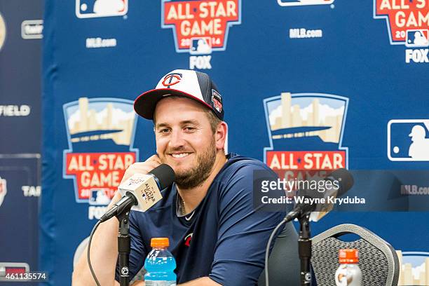 American League All-Star Glen Perkins of the Minnesota Twins answers questions from the press after the 85th MLB All-Star Game at Target Field on...
