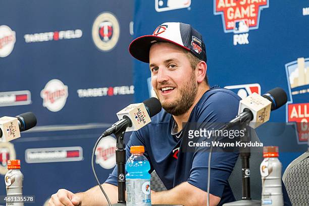 American League All-Star Glen Perkins of the Minnesota Twins answers questions from the press after the 85th MLB All-Star Game at Target Field on...