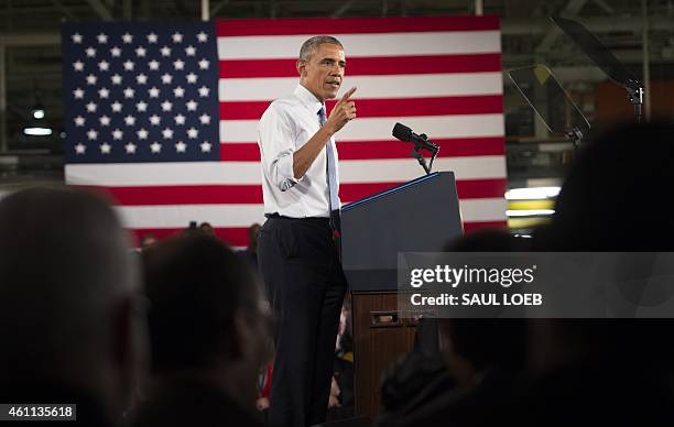 President Barack Obama speaks about the automotive manufacturing industry at the Ford Michigan Assembly Plant in Wayne, Michigan, January 7, 2015....