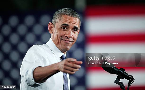 President Barack Obama speaks at the Ford Michigan Assembly Plant January 7, 2015 in Wayne, Michigan. Obama spoke about the American automotive and...