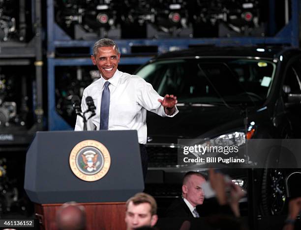 President Barack Obama speaks at the Ford Michigan Assembly Plant January 7, 2015 in Wayne, Michigan. The President spoke about the American...