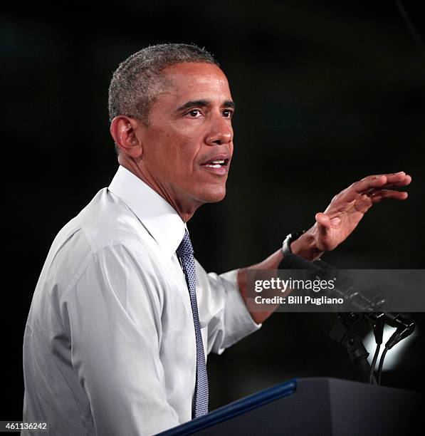 President Barack Obama speaks at the Ford Michigan Assembly Plant January 7, 2015 in Wayne, Michigan. Obama spoke about the American automotive and...