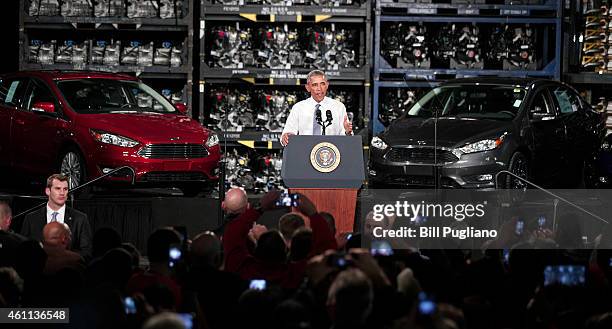 President Barack Obama speaks at the Ford Michigan Assembly Plant January 7, 2015 in Wayne, Michigan. The President spoke about the American...