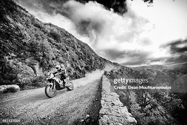 Sam Sunderland of England and riding the for the Red Bull KTM Factory Team competes during day 2 of the Dakar Rallly on January 2, 2015 between Villa...